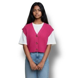 Art Class Girls V Neck Button Down Cardigan Sweater Vest Boxy Cropped Pink XL